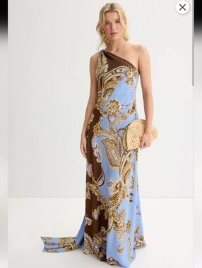 Hemant & Nandita Blue Brown Paisley Bandanna One Shoulder Dress Size S